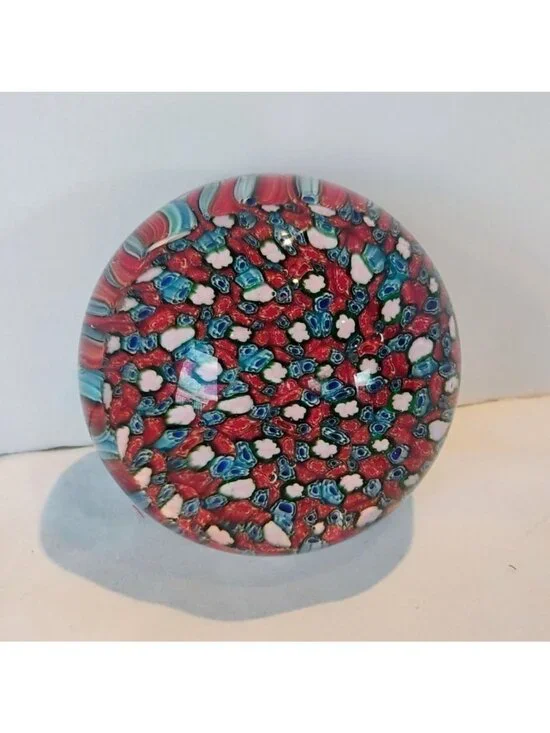 Art Glass Mouth Blown Millefiori Paperweight Red Blue White Flowers 3.5" - Picture 4 of 6